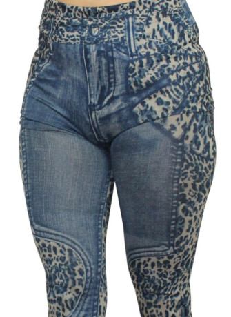 Legging bleu effet jean délavé imprimé léopard - FD1017